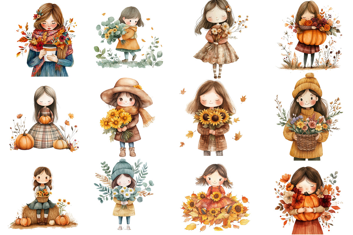 Girls with Fall Flowers Clipart, an Illustration by Watercolor design (Photo 2 of 5)