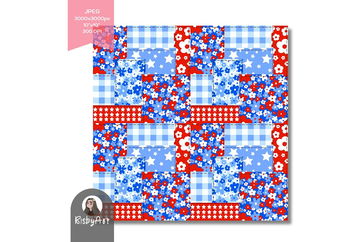 Patriotic Floral Patchwork Seamless, a Pattern Graphic by KisbyArt (Photo 2 of 4)