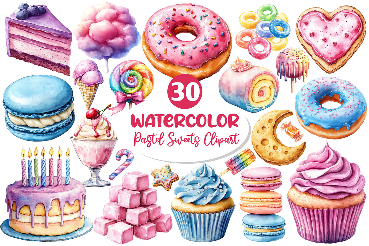 Watercolor Pastel Sweets Clipart, an Illustration by Dream Creation (Photo 1 of 6)