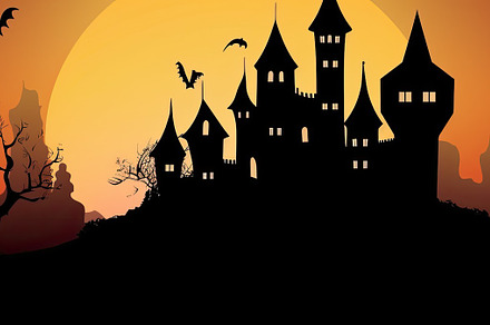Orange halloween landscape with a haunted castle in the backgrou, a Holiday Photo by José Manuel Gelpi