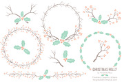 Mint & Peach Holly Clipart & Vectors, an Illustration by Amanda Ilkov (Thumbnail 1 of 5)