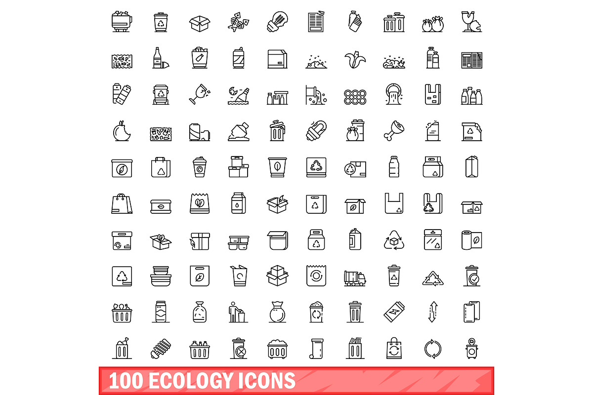 100 ecology icons set, outline style, a Food Illustration by Ylivdesign