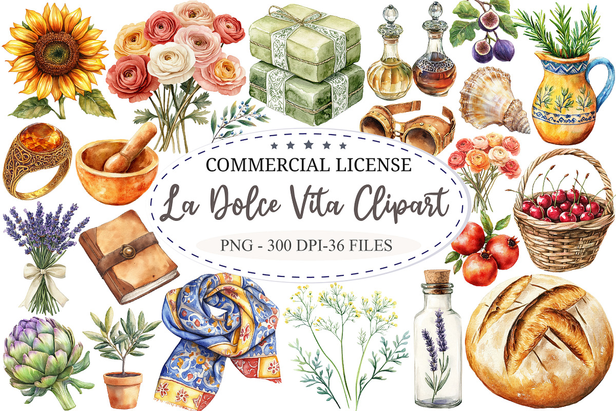Watercolor La Dolce Vita Clipart, a Seasonal Illustration by designcity5 (Photo 1 of 5)