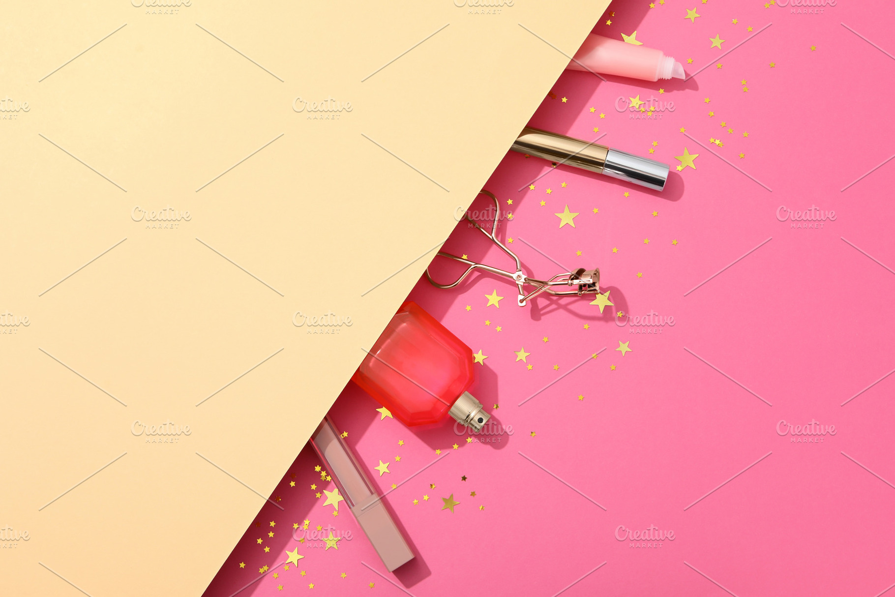 Concept of female accessories, different cosmetics, space for te, a Beauty & Fashion Photo by AtlasStudio PRO