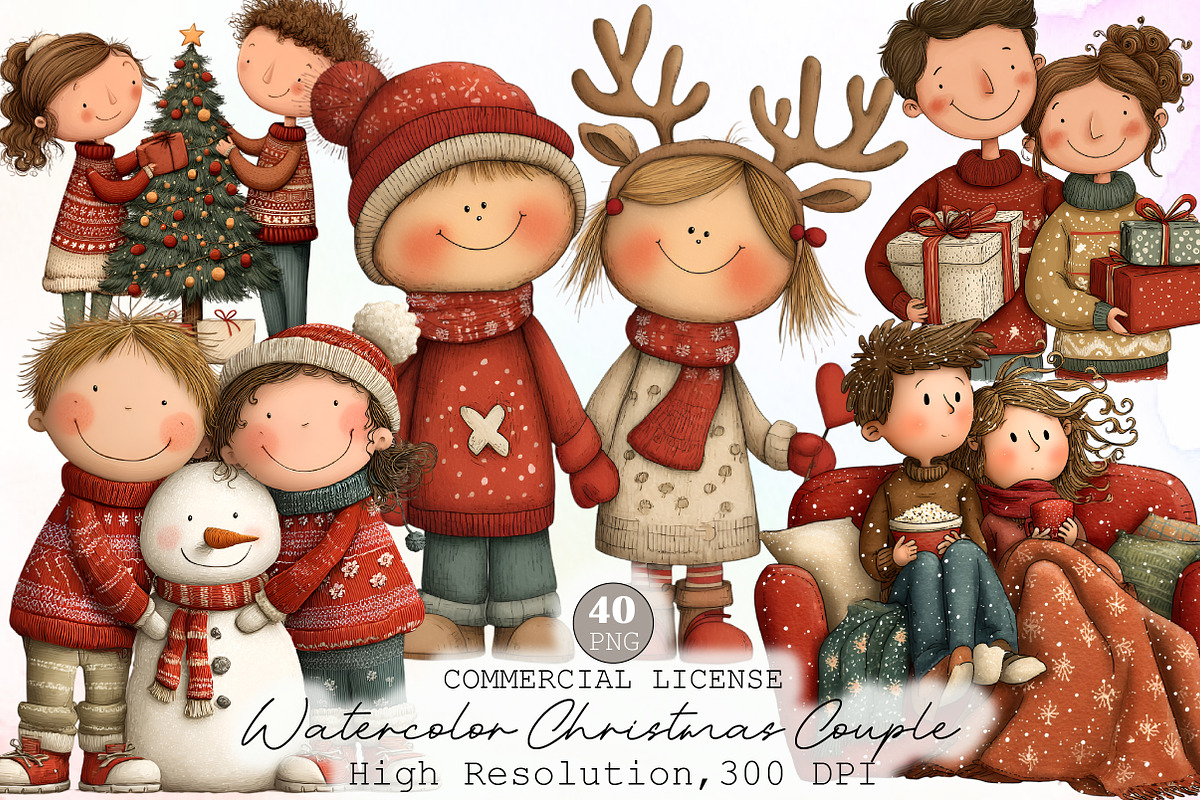 Watercolor Christmas Couple Clipart, an Animal Illustration by Sublimation Artist (Photo 1 of 6)