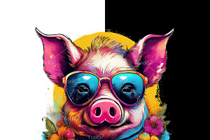 Pig With Glasses And Flowers.