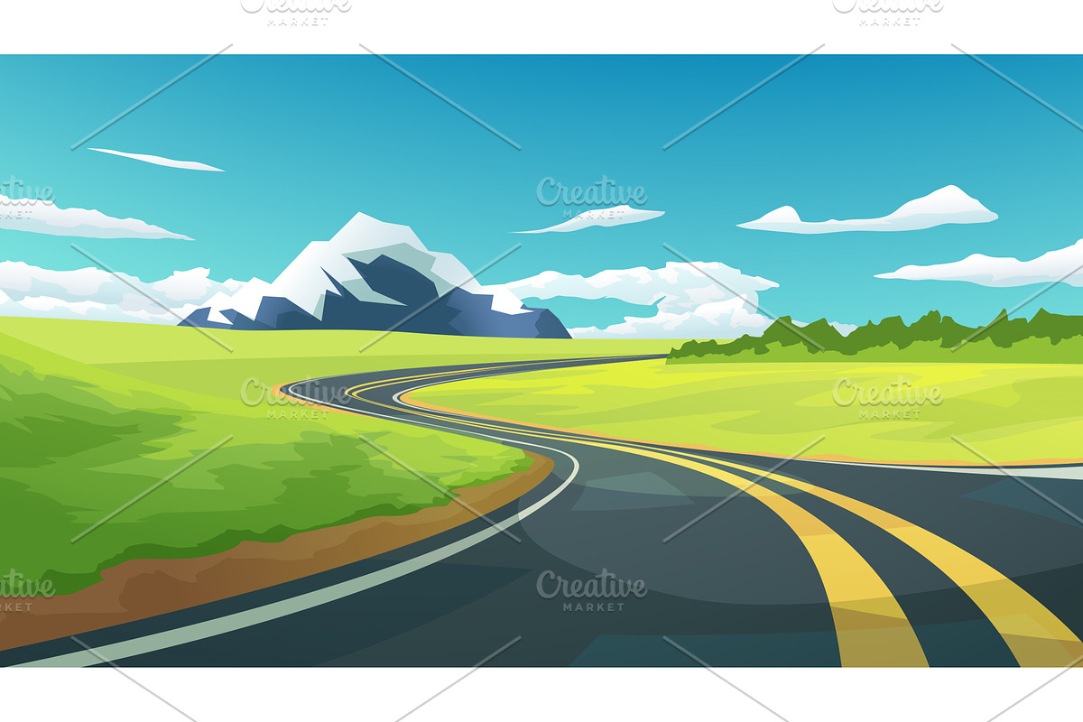 a curved country road through green, an Illustration by IfH