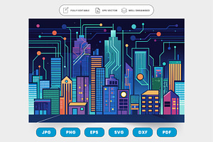 A futuristic city skyline with tower