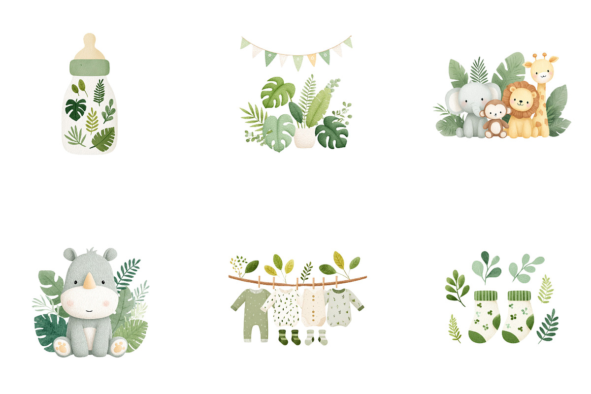 Watercolor Jungle Nursery Clipart, a Seasonal Illustration by CreationArt (Photo 3 of 4)