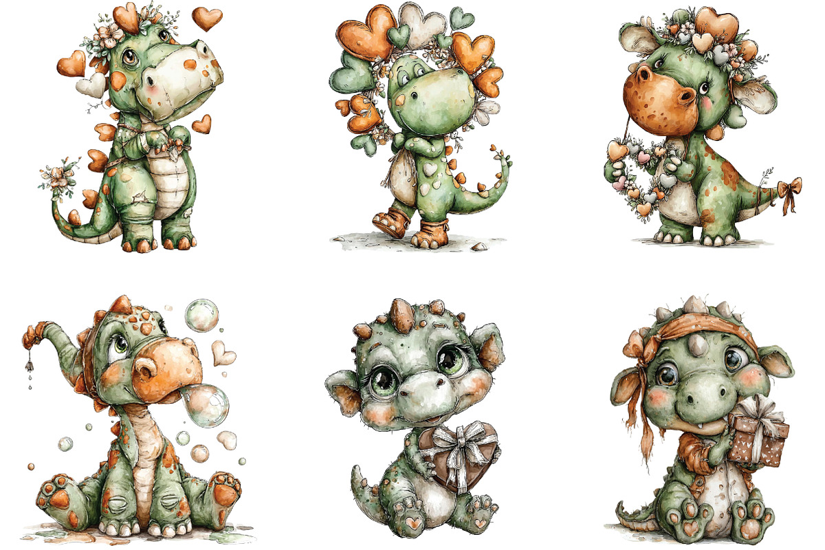 Whimsical Dinosaur Valentine Clipart, an Illustration by CraftArtStudio (Photo 6 of 6)