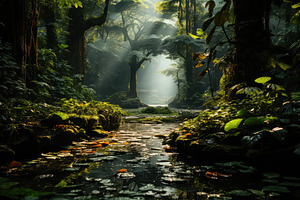 Sunlight filtering through the dense, a Photo by SaroStock