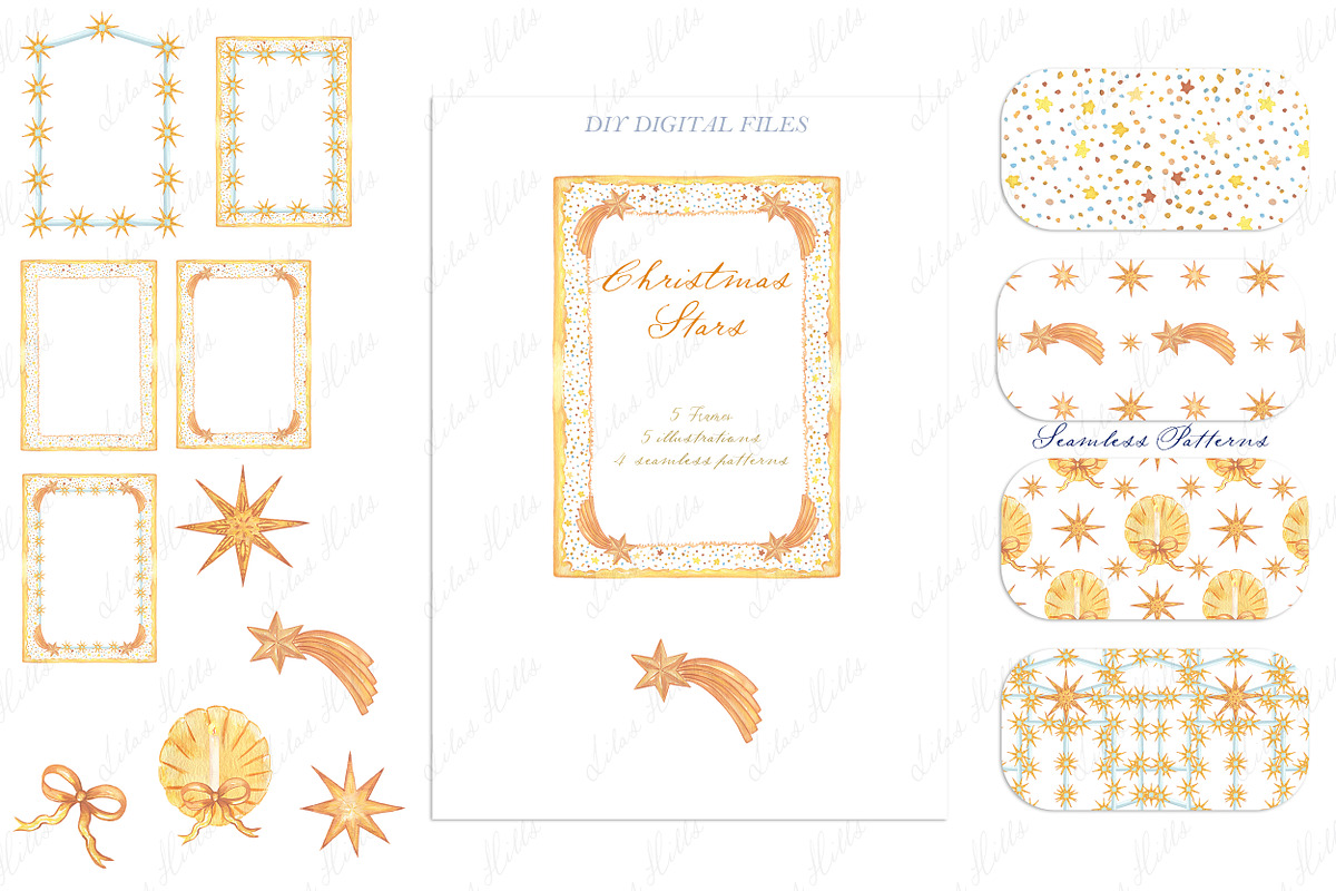 Christmas Golden Stars Watercolor, a Decorative Illustration by LABFcreations (Photo 3 of 6)