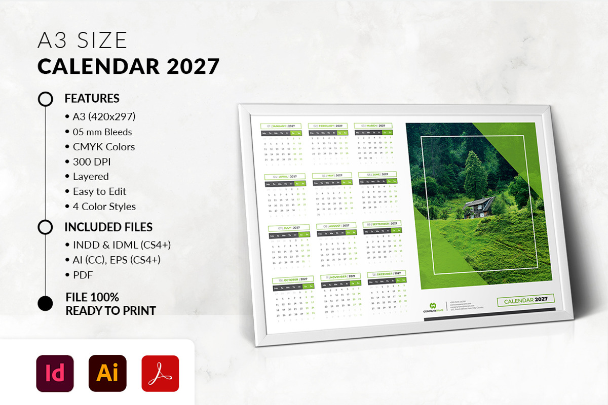 A3 Landscape Calendar 2027 Template, a Stationery Template by MstArtwork (Photo 3 of 5)