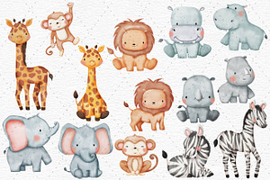 Watercolor Safari Baby Party Clipart