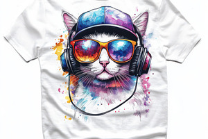 Cool Cat T-shirt Design Watercolor S, a Beauty & Fashion Photo by Pixeness Studio