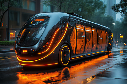 A futuristic, sleek public transport vehicle with a glossy black exterior and v, a Transportation Photo by Textures & Backgrounds