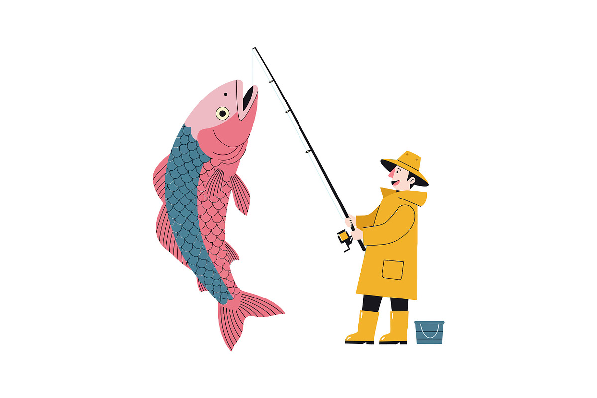 A smiling fisherman in a yellow rain, an Illustration by designvectx