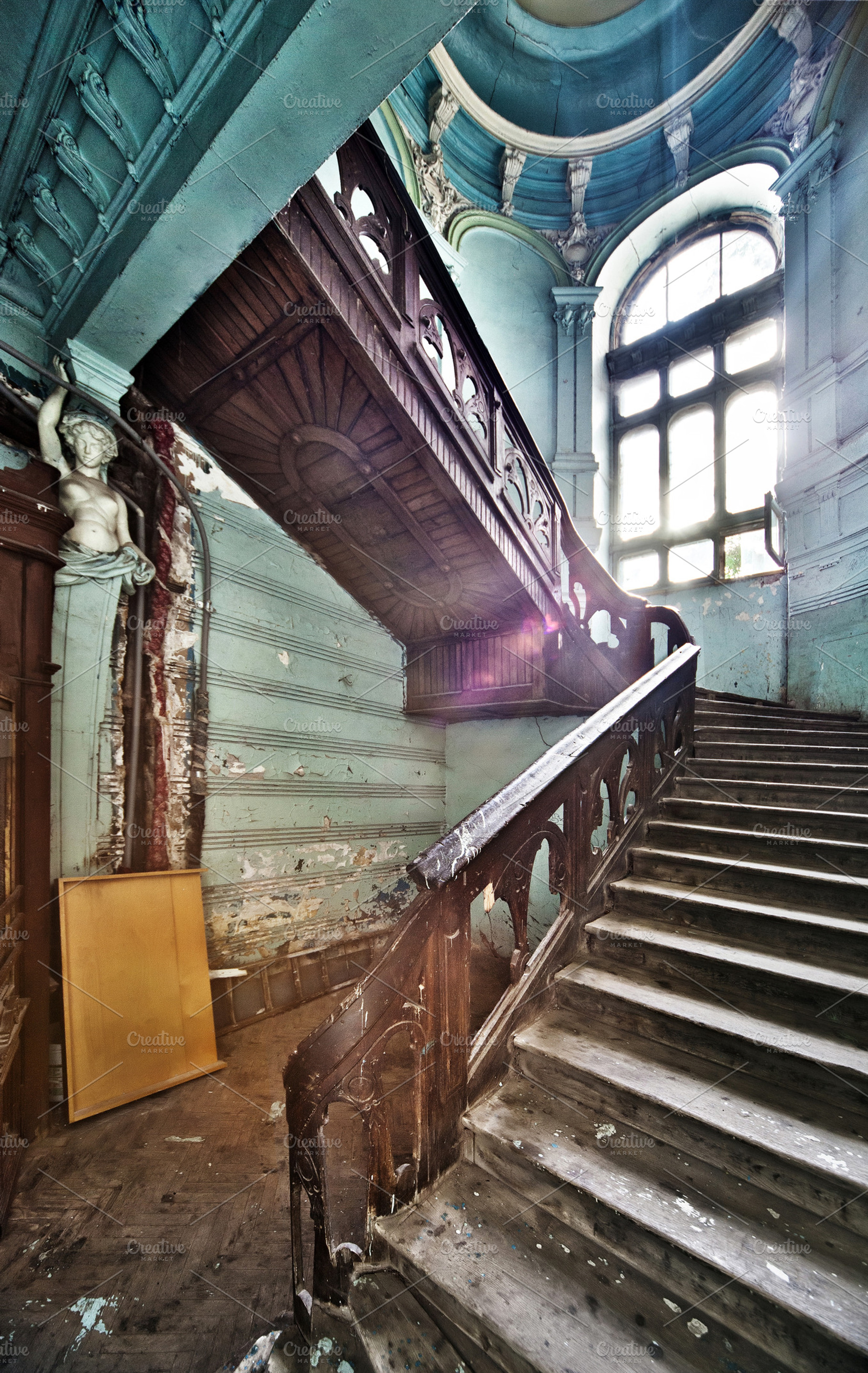 Ancient wooden stairs containing ancient, antique, and architecture
