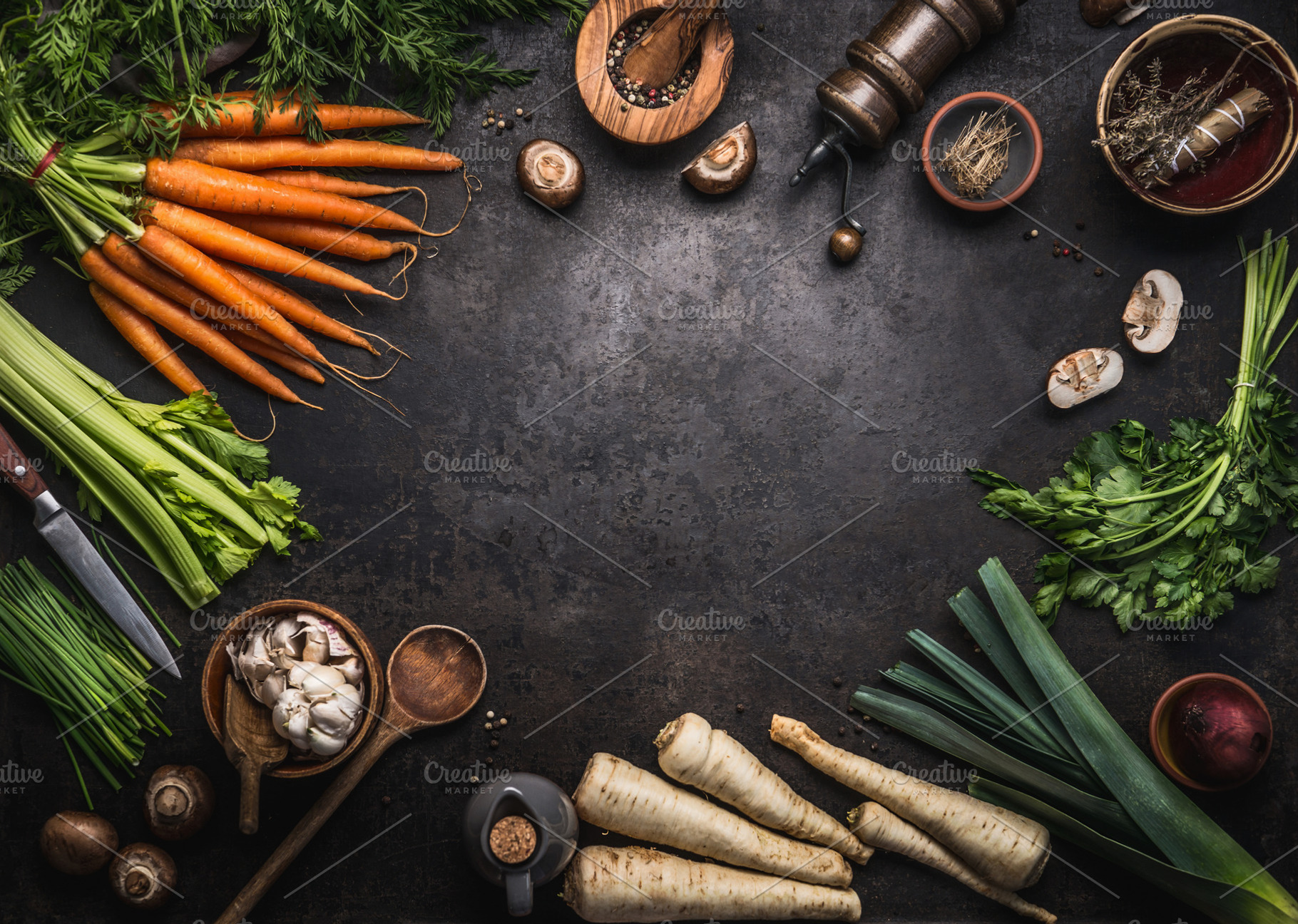 Various organic vegetables frame stock photo containing above and agriculture, a Food & Drink Photo by VICUSCHKA