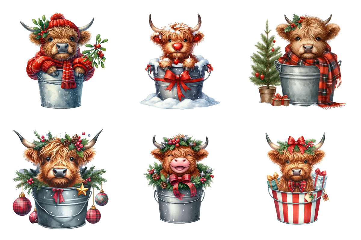 Christmas Highland Cows Clipart, an Illustration by SinaCreation (Photo 3 of 7)