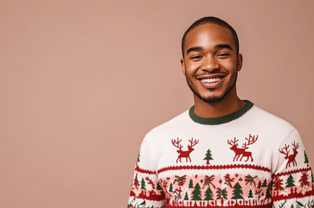 Smiling man in christmas ugly sweater against pink background, a Photo by Dvoevnore photos