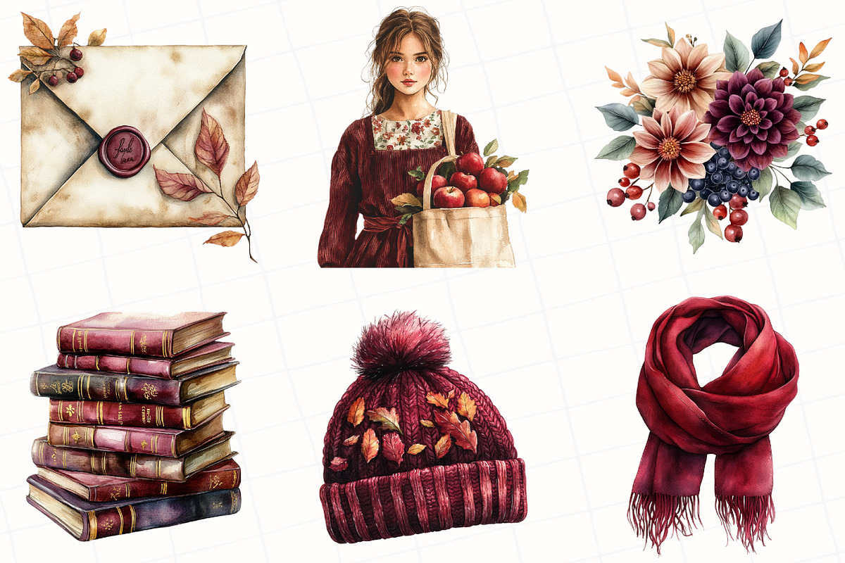 Watercolor Burgundy Autumn Clipart, an Illustration by OK Design (Photo 4 of 5)
