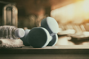 Blue Dumbbells with Water Bottle in Gym, a Sports & Recreation Photo by Davizro's Market