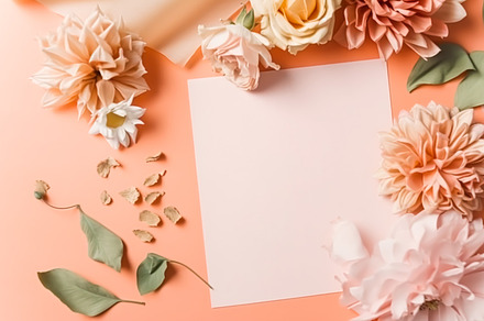 Empty blank paper on coral background with floral and botanical, a Holiday Photo by Anneleven