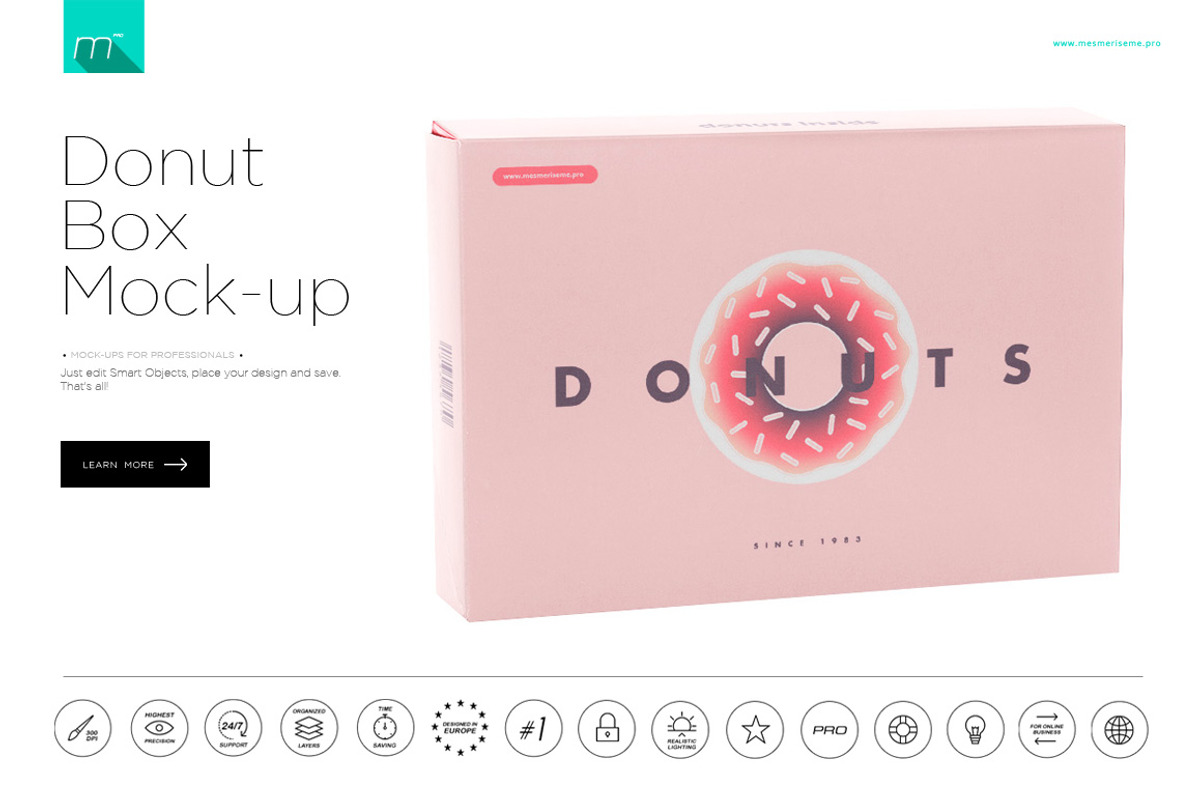 Donuts Box Mock-up, a Product Mockup by Mocca Mockups Store (Photo 1 of 5)
