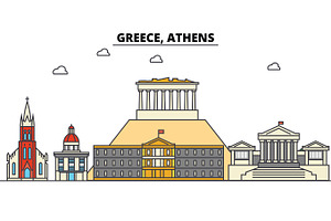 Greece, Athens. City Skyline: Architecture, Buildings, Streets, Silhouette, Landscape, Panorama, Landmarks. Editable Strokes. Flat Design Line Vector 