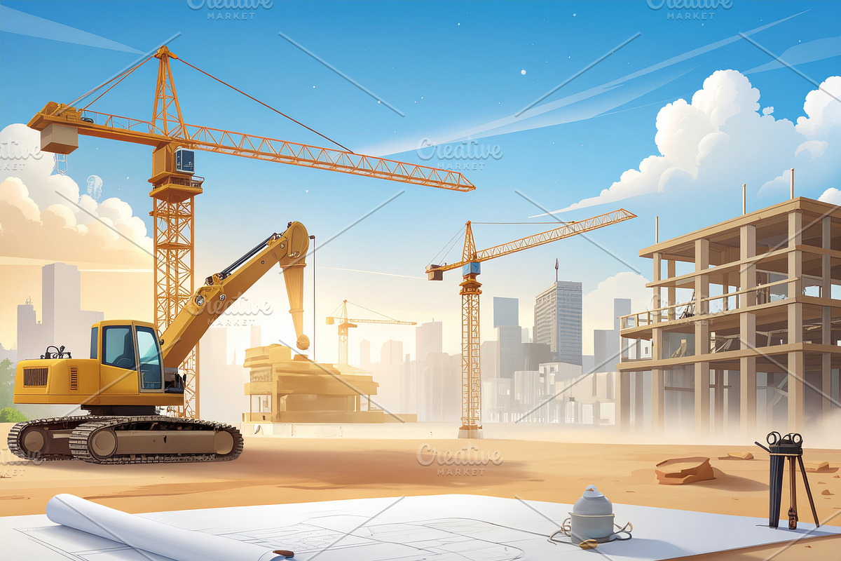 Cartoon illustration of construction large building project, a Work Illustration by DanFLCreativo