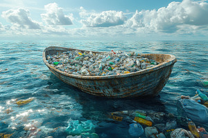 Plastic waste overflowing a boat in, a Photo by Tanuart