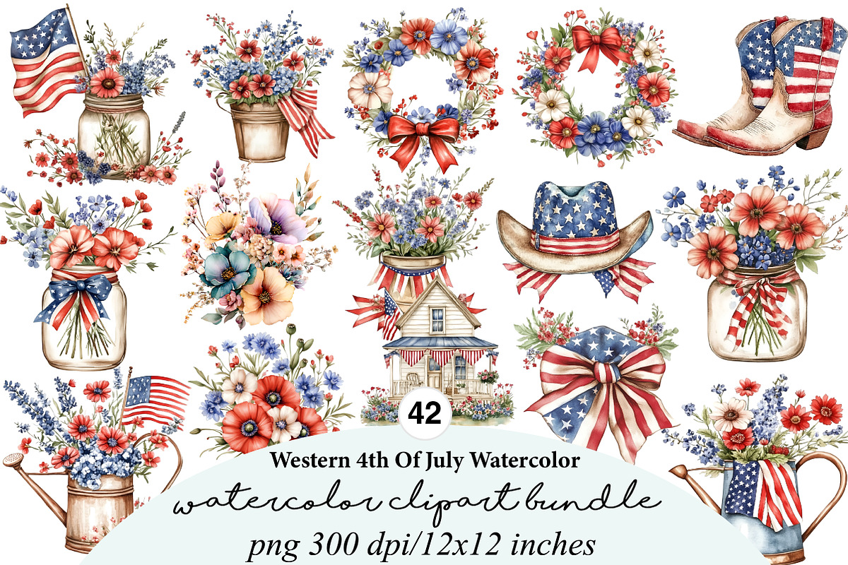 Western 4th Of July Watercolor Clipa, an Illustration by Digital Artistic99 (Photo 1 of 9)