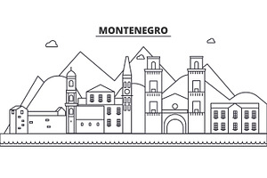 Montenegro Architecture Line Skyline Illustration. Linear Vector Cityscape With Famous Landmarks, City Sights, Design Icons. Landscape Wtih Editable S