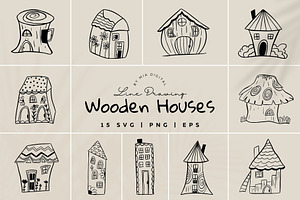 Wooden House Lineart Vector Cliparts