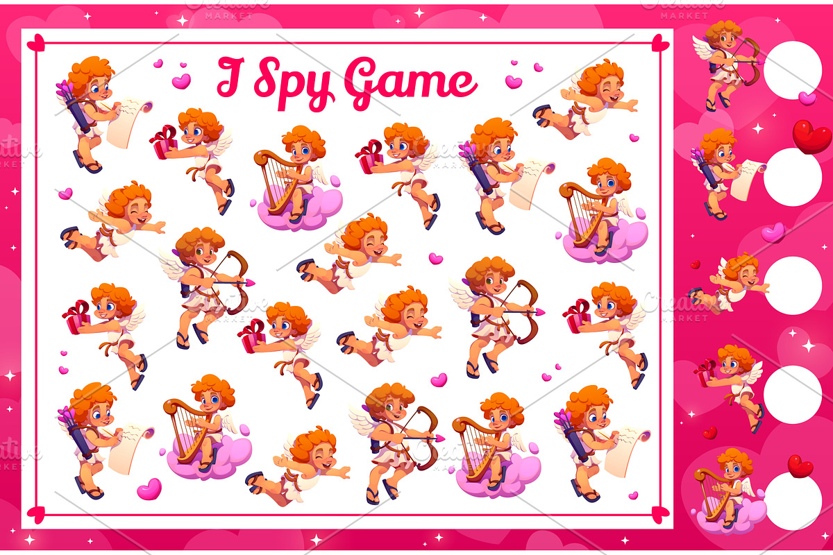 I spy game worksheet with Valentine, a Seasonal Illustration by Vector Tradition