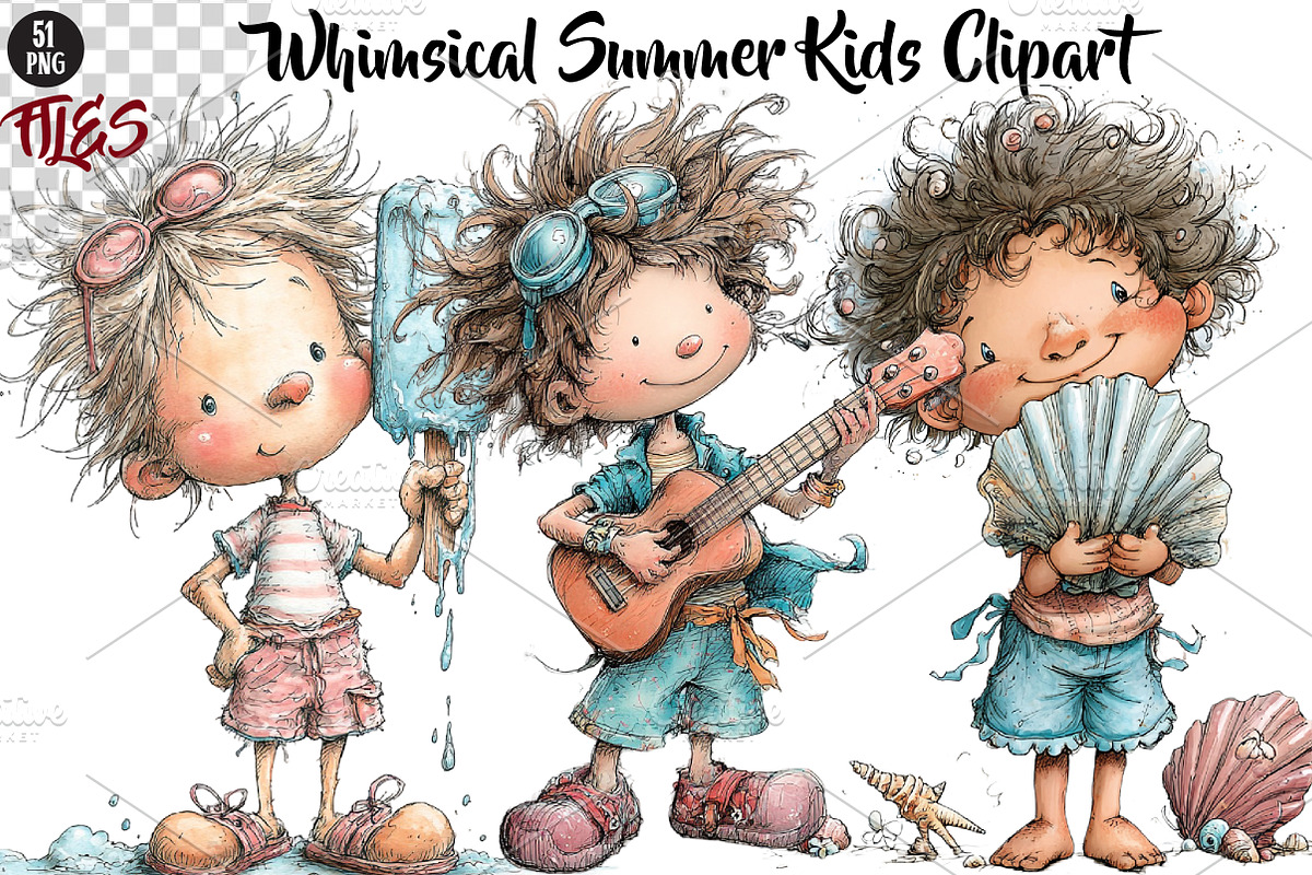 Whimsical Summer Kids Clipart, a Seasonal Illustration by CreationArt (Photo 1 of 5)