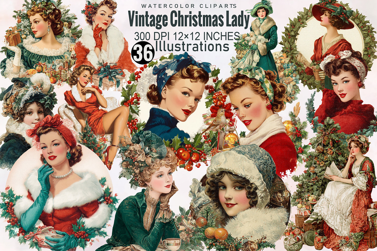 Vintage Christmas Lady Clipart Bund, an Illustration by SVGArt (Photo 1 of 8)