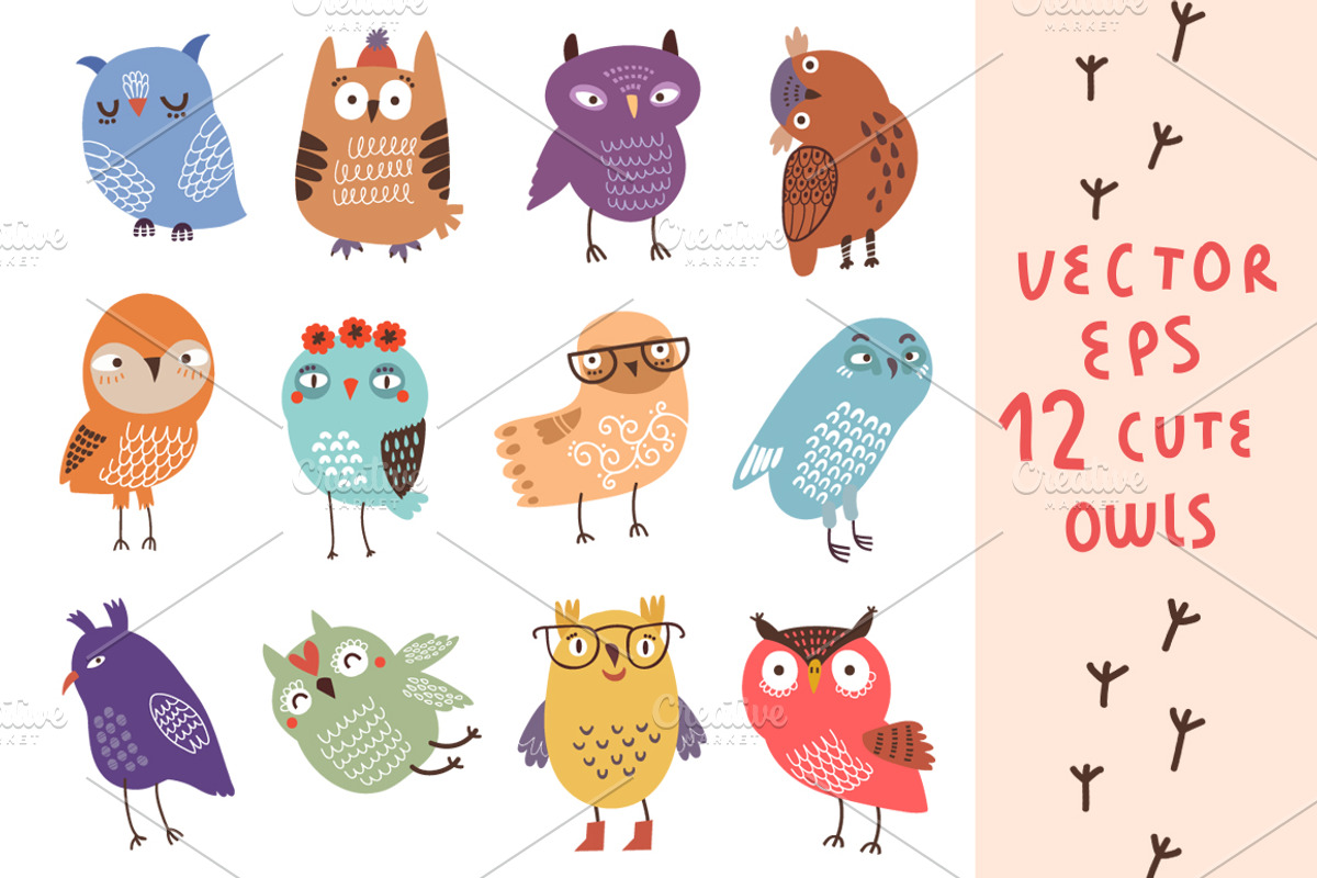12 owls. Vector and watercolor set, an Animal Illustration by Anna Guz's Store (Photo 2 of 3)