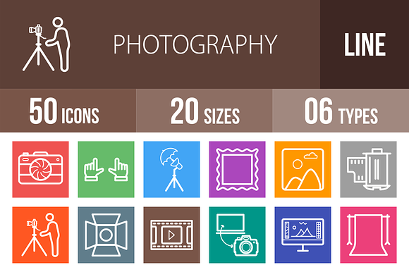 50 Photography Line Multicolor Icons
