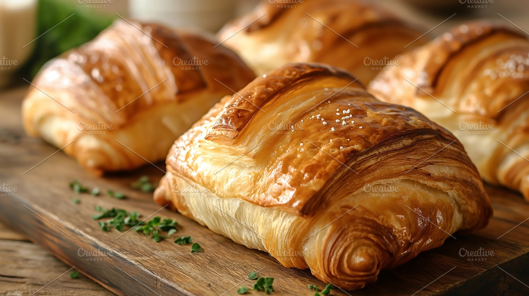 Golden-brown, flaky croissants on a rustic wooden board, exuding, a Food & Drink Photo by ImageMir