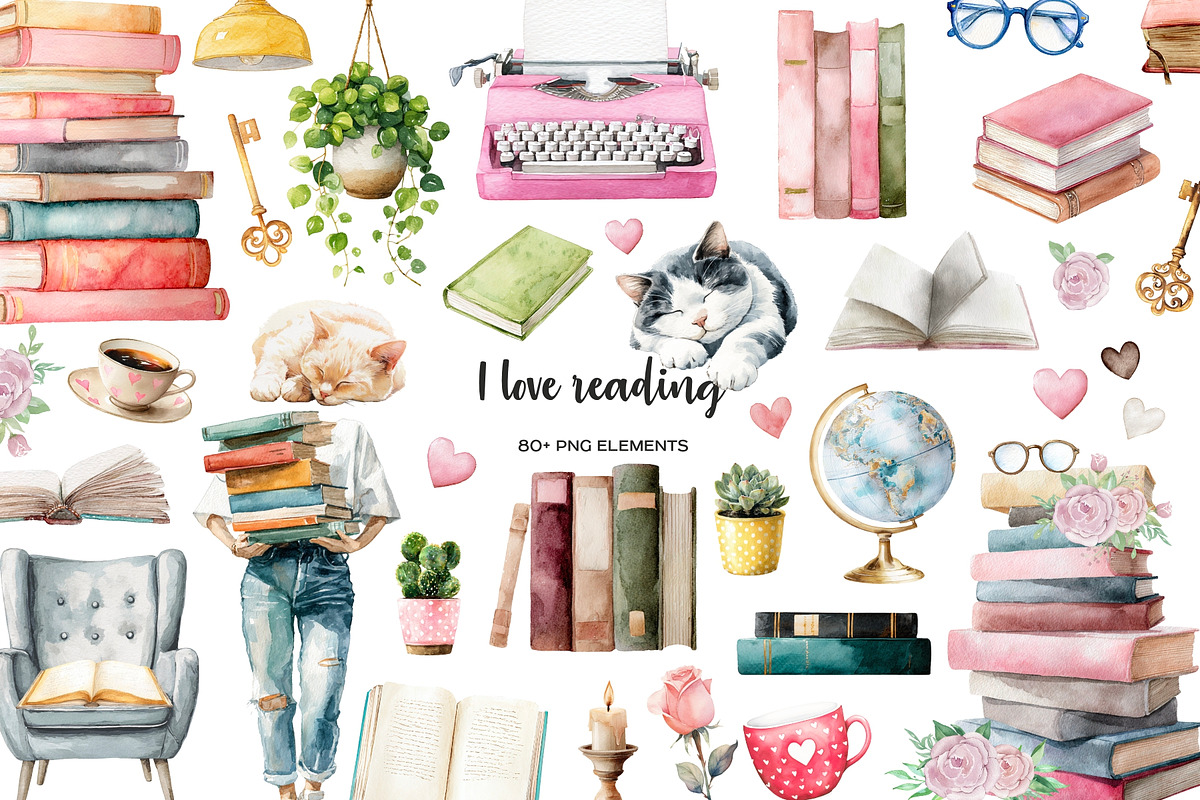 Watercolor book lover clipart, an Education Illustration by Art and Funny (Photo 12 of 12)