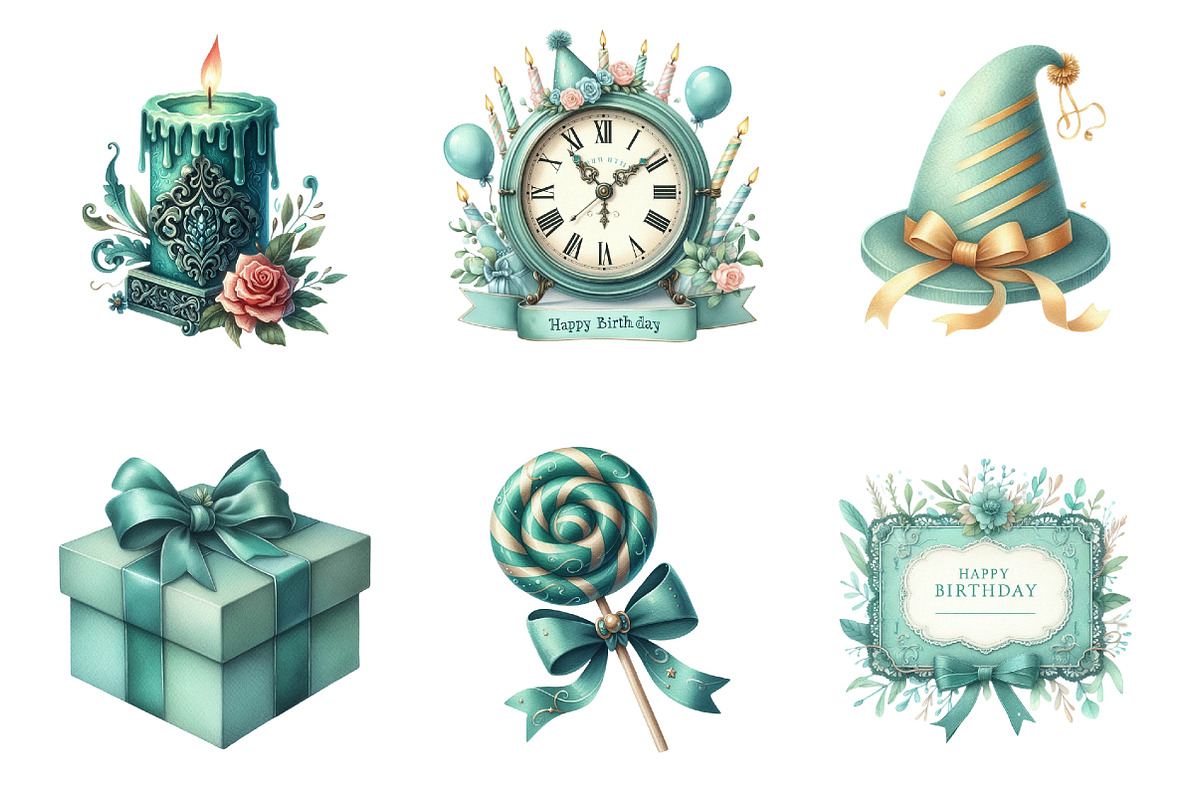 Vintage Soft Teal Birthday Clipart, an Illustration by SinaCreation (Photo 3 of 5)