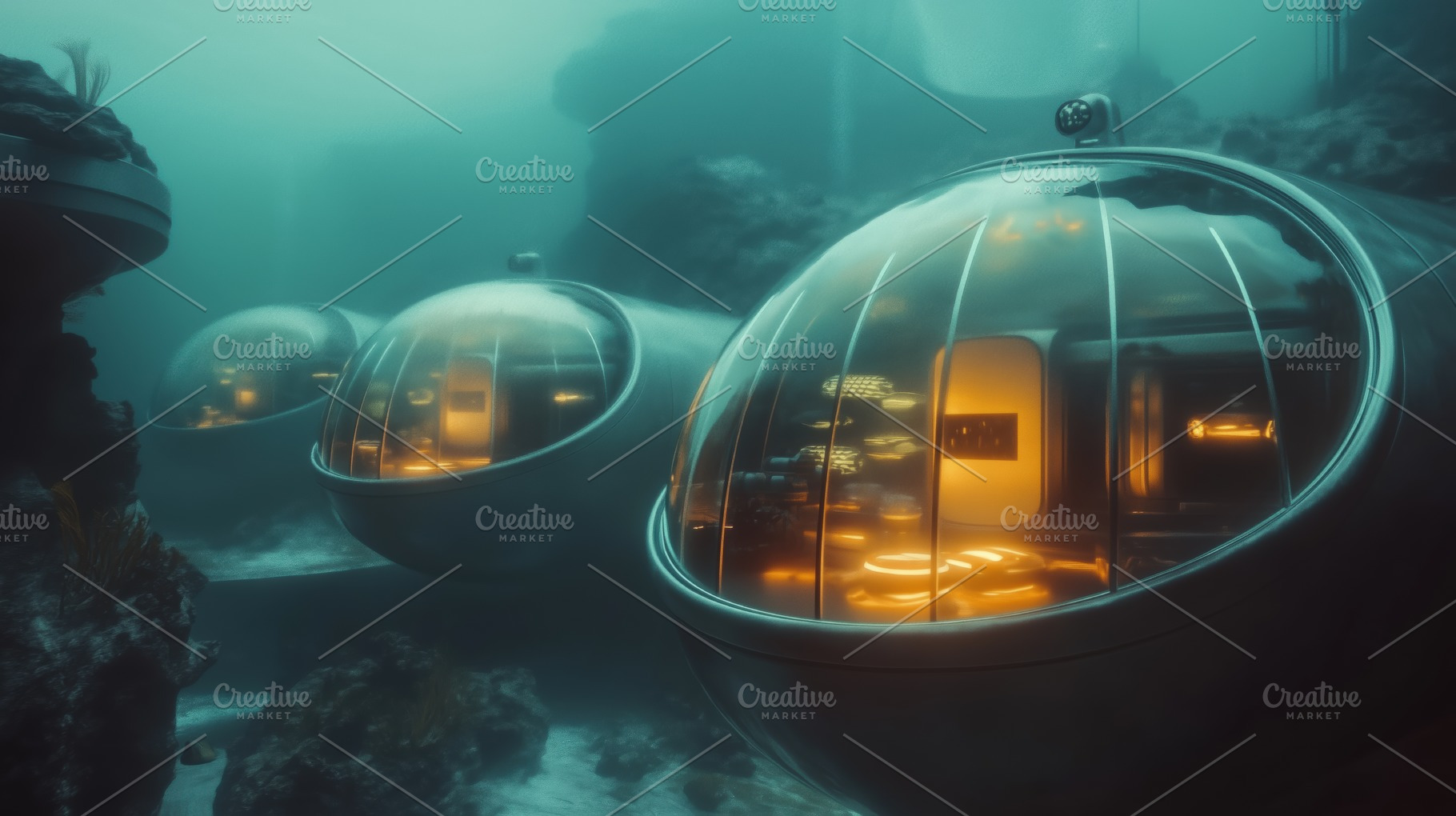 Futuristic underwater habitat with transparent domes, illuminated interiors, an, an Arts & Entertainment Photo by Textures & Backgrounds