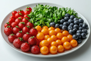 Fresh assorted fruits and herbs arra, a Photo by Tanuart