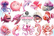 Watercolor Pink Ocean Animals Clipar, an Illustration by Canvas Craft (Thumbnail 1 of 3)