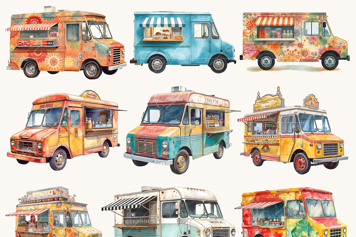 Watercolor Food Truck Clipart Bundle, a Transportation Illustration by Design Scotch (Photo 3 of 9)