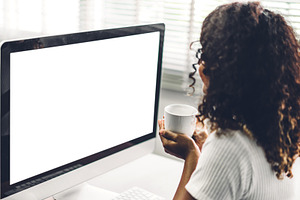 African american black woman using computer with white mockup bl