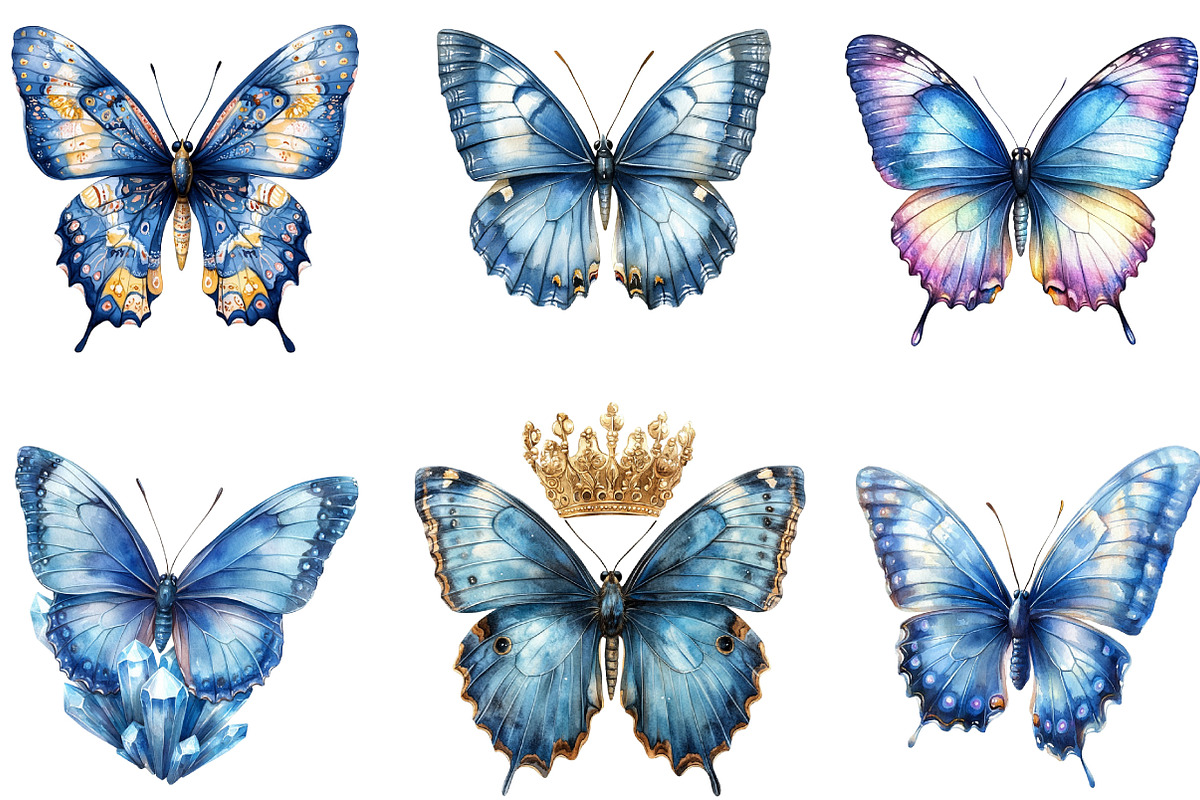 Watercolor Blue Butterfly Clipart, an Illustration by Designking (Photo 3 of 5)