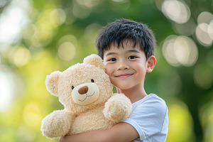 Smiling old Asian boy hugs a plush bear in a sunny outdoor setting full of gree, a Person Photo by AlyaAnd